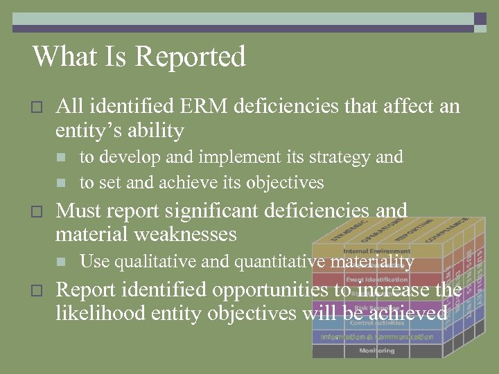 What Is Reported o All identified ERM deficiencies that affect an entity’s ability n