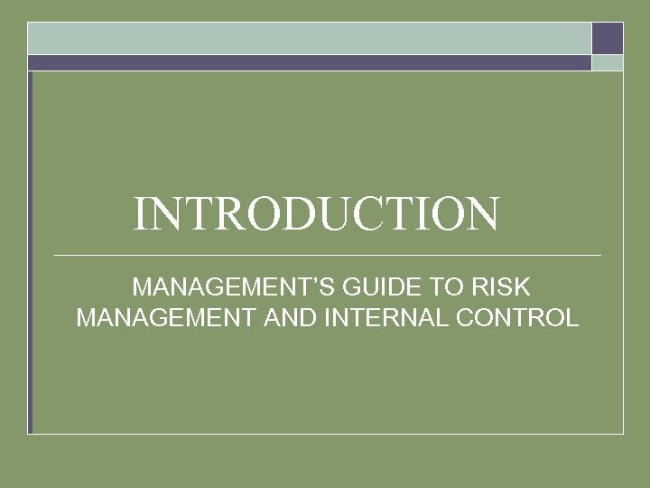 INTRODUCTION MANAGEMENT’S GUIDE TO RISK MANAGEMENT AND INTERNAL CONTROL 