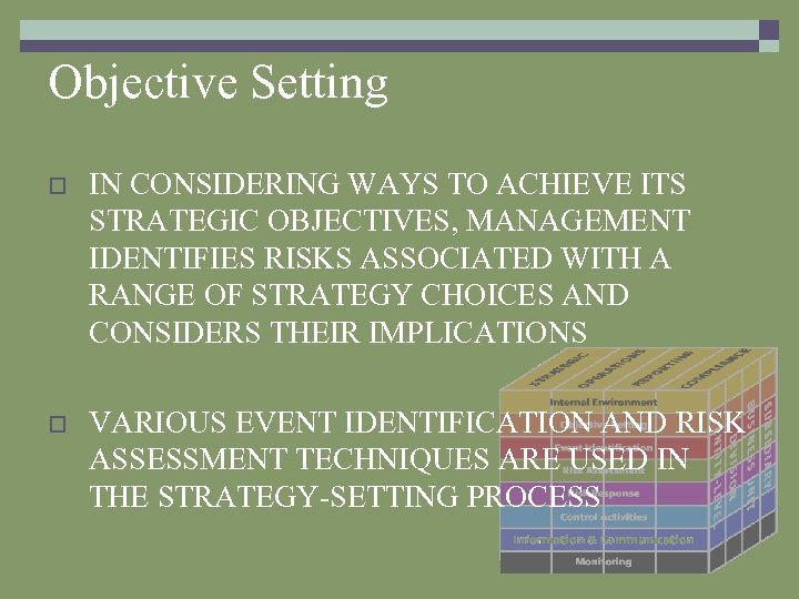 Objective Setting o IN CONSIDERING WAYS TO ACHIEVE ITS STRATEGIC OBJECTIVES, MANAGEMENT IDENTIFIES RISKS
