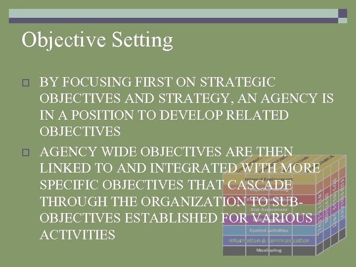 Objective Setting o o BY FOCUSING FIRST ON STRATEGIC OBJECTIVES AND STRATEGY, AN AGENCY