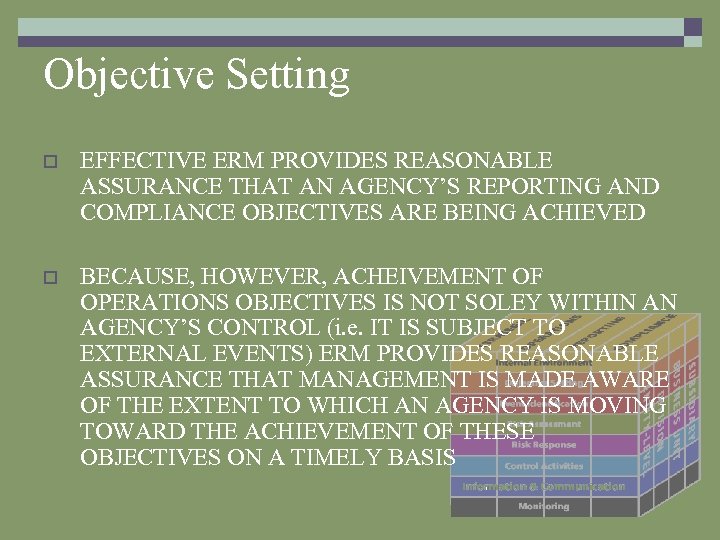 Objective Setting o EFFECTIVE ERM PROVIDES REASONABLE ASSURANCE THAT AN AGENCY’S REPORTING AND COMPLIANCE