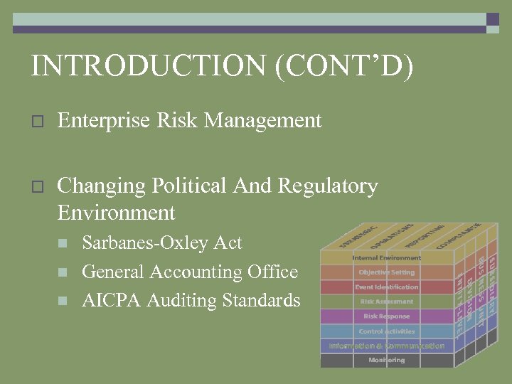 INTRODUCTION (CONT’D) o Enterprise Risk Management o Changing Political And Regulatory Environment n n
