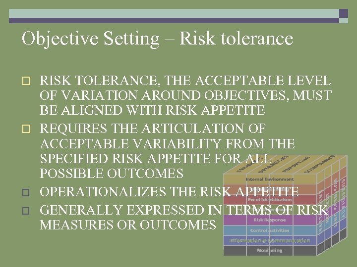 Objective Setting – Risk tolerance RISK TOLERANCE, THE ACCEPTABLE LEVEL OF VARIATION AROUND OBJECTIVES,