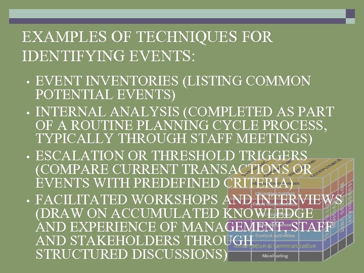EXAMPLES OF TECHNIQUES FOR IDENTIFYING EVENTS: • • EVENT INVENTORIES (LISTING COMMON POTENTIAL EVENTS)