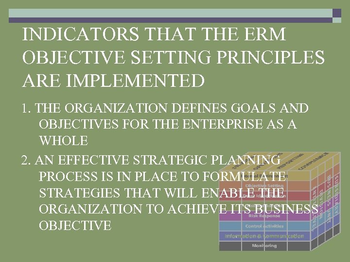 INDICATORS THAT THE ERM OBJECTIVE SETTING PRINCIPLES ARE IMPLEMENTED 1. THE ORGANIZATION DEFINES GOALS