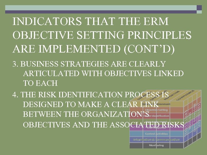 INDICATORS THAT THE ERM OBJECTIVE SETTING PRINCIPLES ARE IMPLEMENTED (CONT’D) 3. BUSINESS STRATEGIES ARE