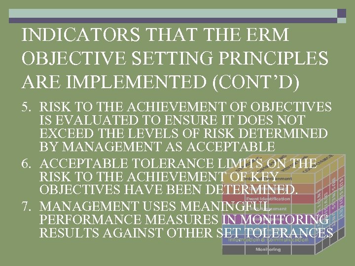 INDICATORS THAT THE ERM OBJECTIVE SETTING PRINCIPLES ARE IMPLEMENTED (CONT’D) 5. RISK TO THE