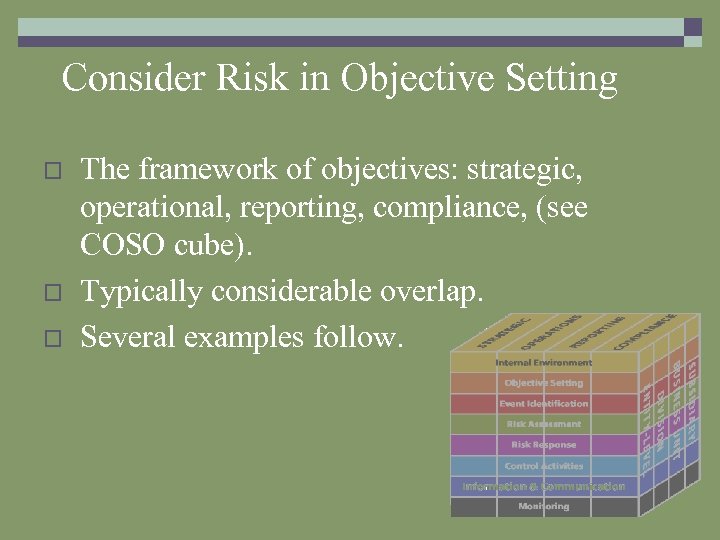 Consider Risk in Objective Setting o o o The framework of objectives: strategic, operational,