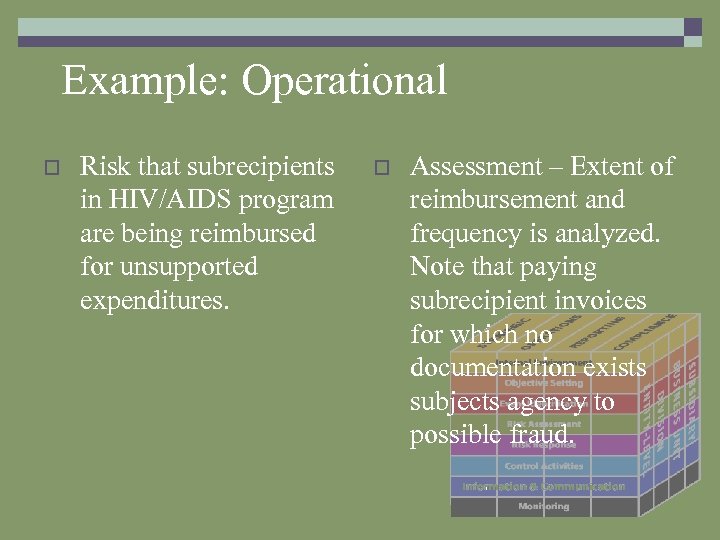 Example: Operational o Risk that subrecipients in HIV/AIDS program are being reimbursed for unsupported