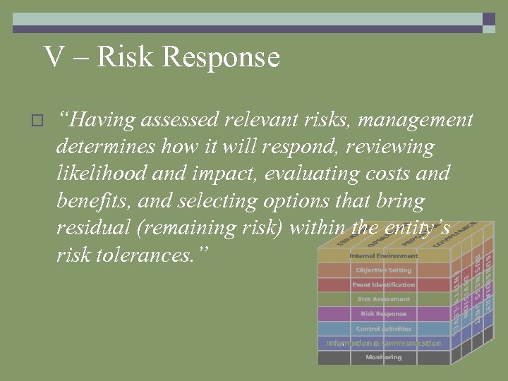 V – Risk Response o “Having assessed relevant risks, management determines how it will
