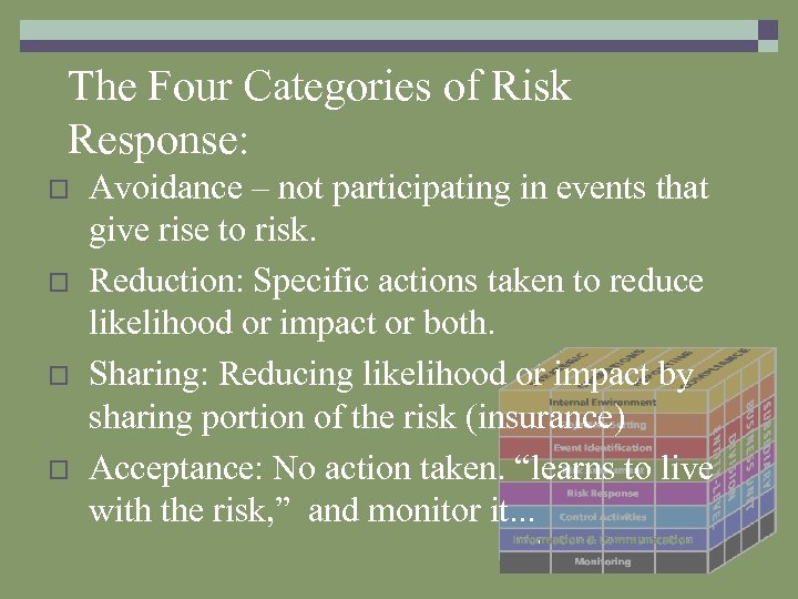 The Four Categories of Risk Response: o o Avoidance – not participating in events