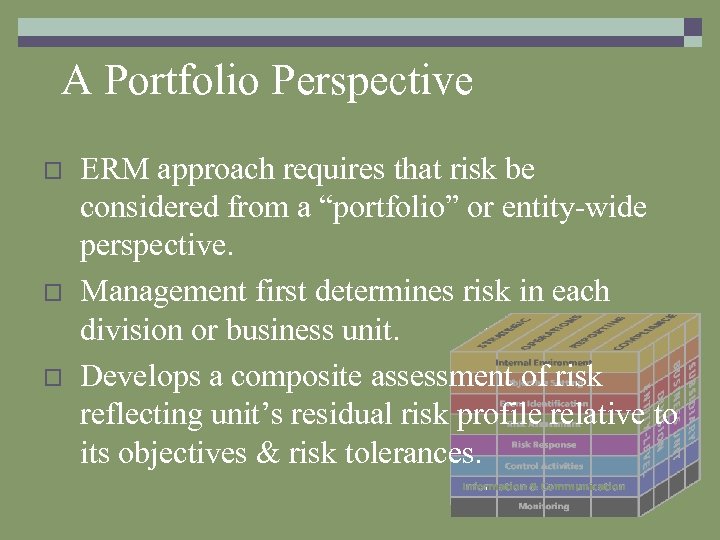 A Portfolio Perspective o o o ERM approach requires that risk be considered from