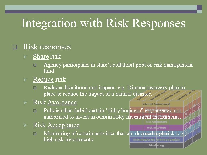 Integration with Risk Responses q Risk responses Ø Share risk q Ø Reduces likelihood