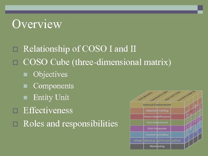 Overview o o Relationship of COSO I and II COSO Cube (three-dimensional matrix) n