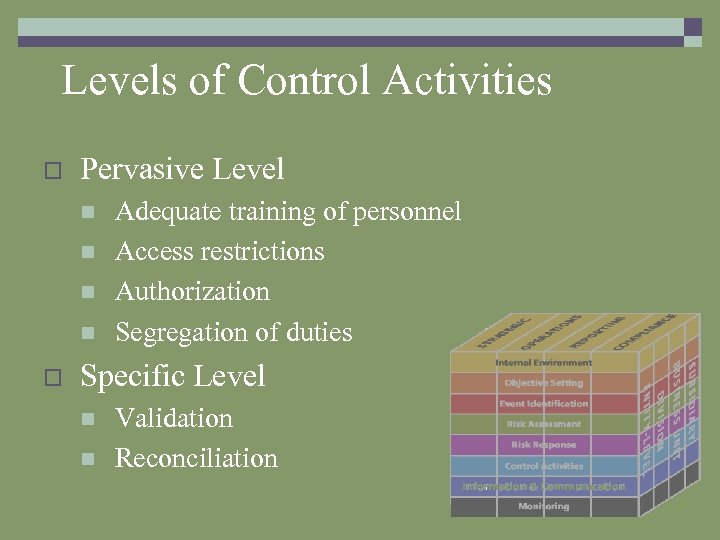 Levels of Control Activities o Pervasive Level n n o Adequate training of personnel