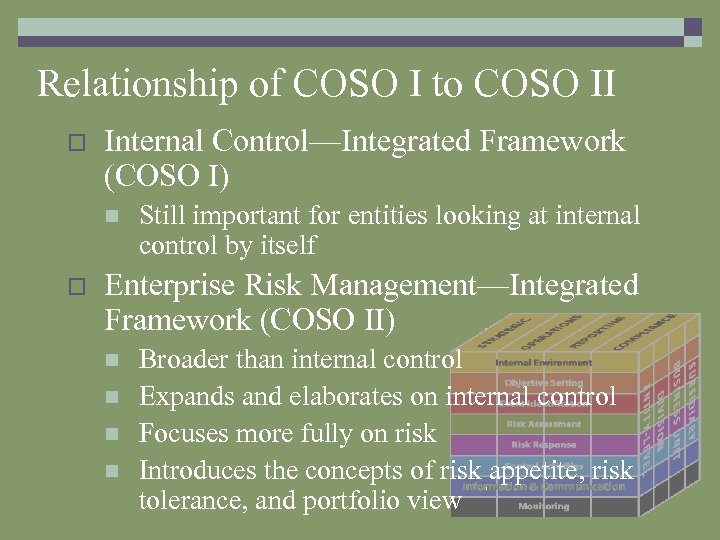 Relationship of COSO I to COSO II o Internal Control—Integrated Framework (COSO I) n