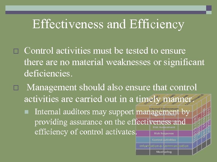 Effectiveness and Efficiency o o Control activities must be tested to ensure there are