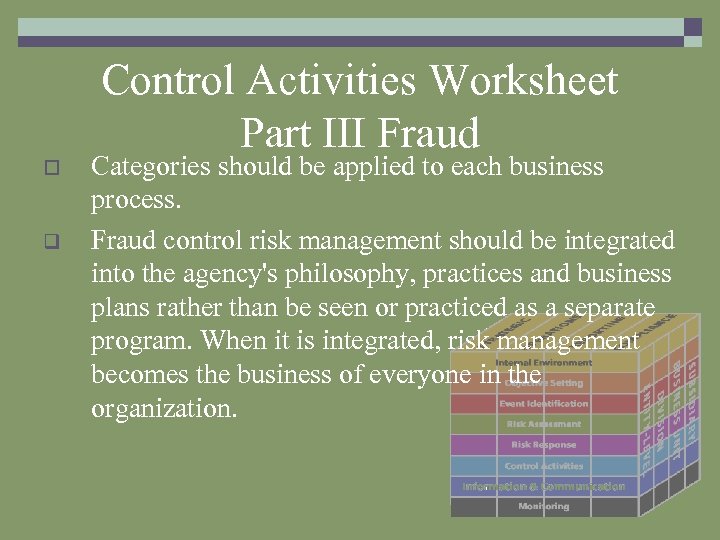Control Activities Worksheet Part III Fraud o q Categories should be applied to each