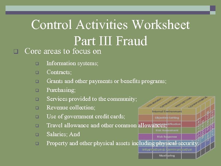 Control Activities Worksheet Part III Fraud q Core areas to focus on q q