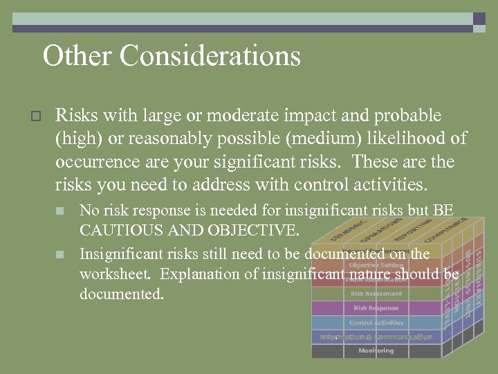 Other Considerations o Risks with large or moderate impact and probable (high) or reasonably