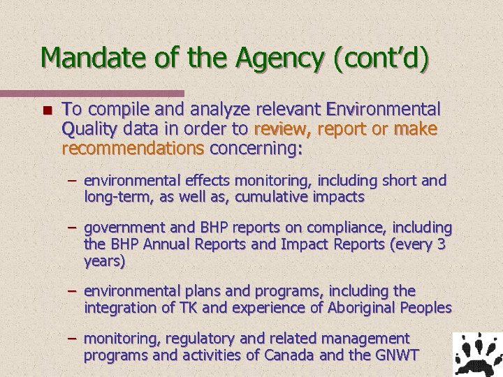Mandate of the Agency (cont’d) n To compile and analyze relevant Environmental Quality data