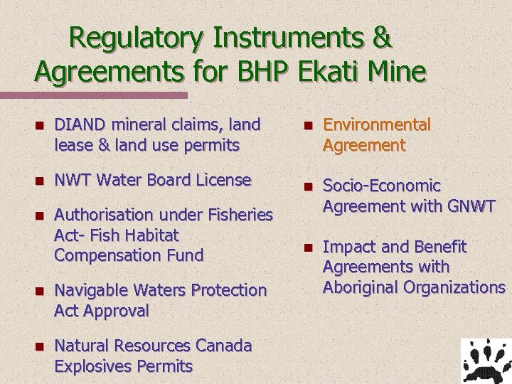 Regulatory Instruments & Agreements for BHP Ekati Mine n DIAND mineral claims, land lease