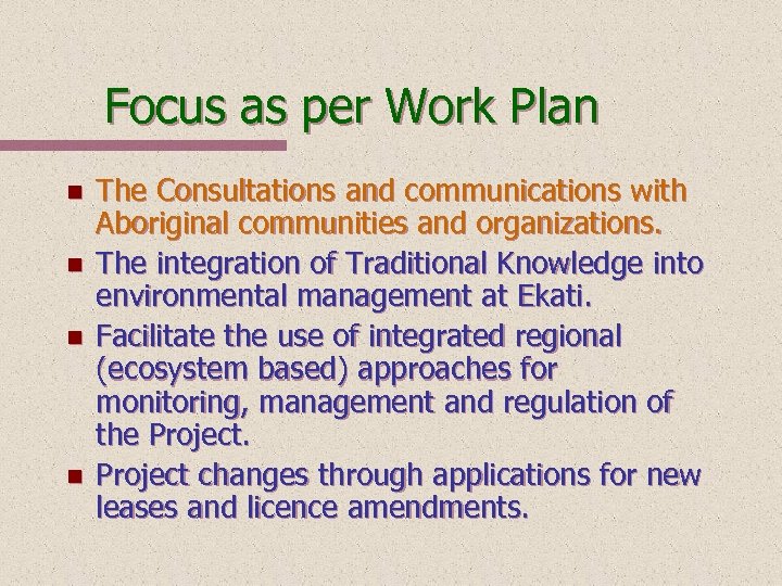 Focus as per Work Plan n n The Consultations and communications with Aboriginal communities