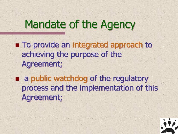 Mandate of the Agency n To provide an integrated approach to achieving the purpose
