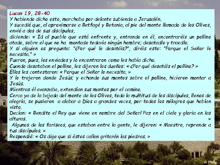 Lucas 19, 28 -40 Y habiendo dicho esto, marchaba por delante subiendo a Jerusalén.