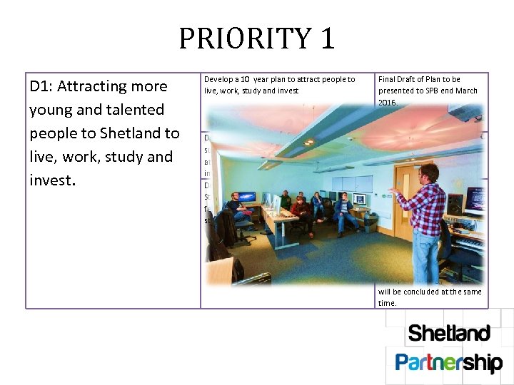 PRIORITY 1 D 1: Attracting more young and talented people to Shetland to live,