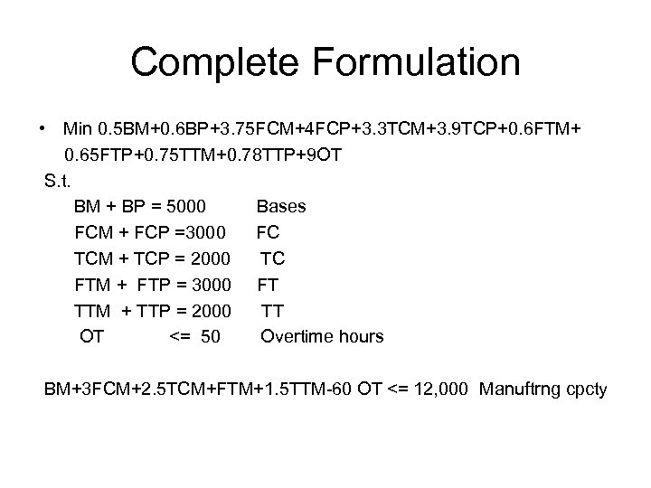 Complete Formulation • Min 0. 5 BM+0. 6 BP+3. 75 FCM+4 FCP+3. 3 TCM+3.