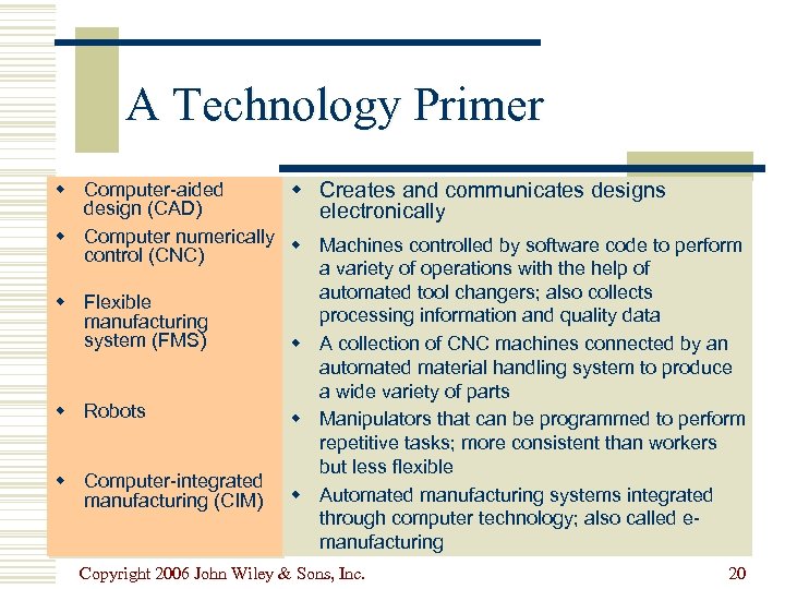 A Technology Primer w Computer-aided w Creates and communicates design (CAD) electronically w Computer