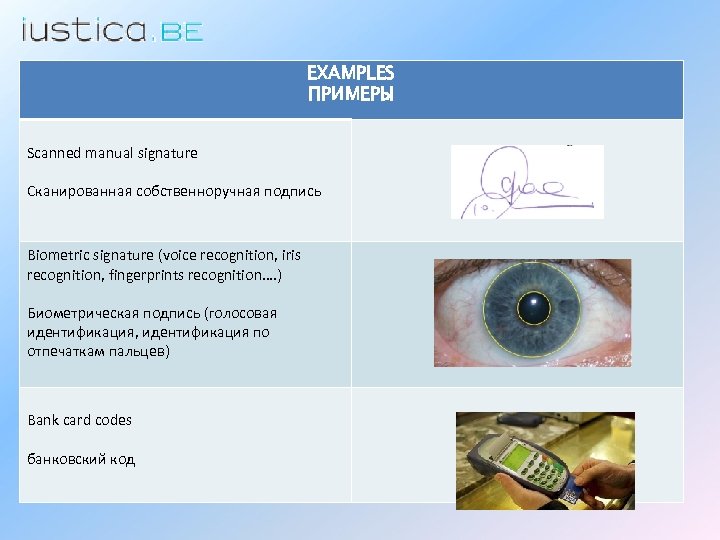 EXAMPLES ПРИМЕРЫ Scanned manual signature Сканированная собственноручная подпись Biometric signature (voice recognition, iris recognition,