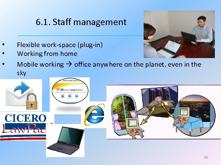 6. 1. Staff management • • • Flexible work-space (plug-in) Working from home Mobile