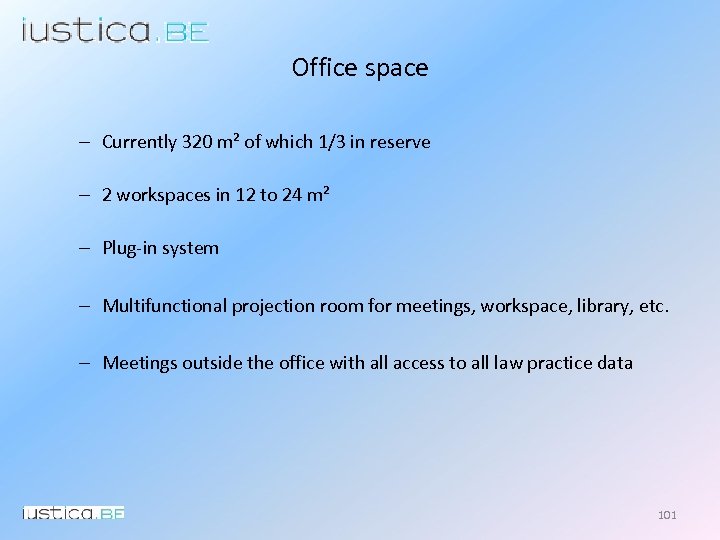 Office space – Currently 320 m² of which 1/3 in reserve – 2 workspaces