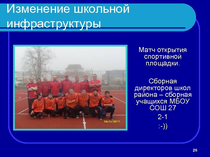 Изменение школьной инфраструктуры Матч открытия спортивной площадки. Сборная директоров школ района – сборная учащихся