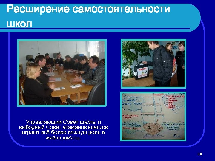 Расширение самостоятельности школ Управляющий Совет школы и выборный Совет атаманов классов играют всё более
