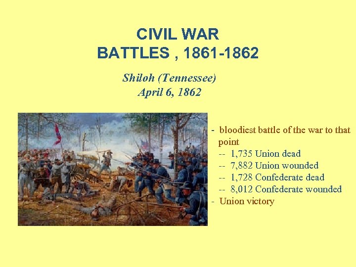 CIVIL WAR BATTLES , 1861 -1862 Shiloh (Tennessee) April 6, 1862 - bloodiest battle