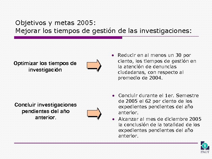 Objetivos y metas 2005: Mejorar los tiempos de gestión de las investigaciones: Optimizar los
