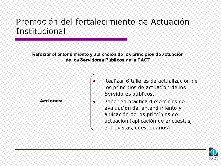 Promoción del fortalecimiento de Actuación Institucional Reforzar el entendimiento y aplicación de los principios