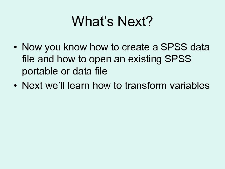 What’s Next? • Now you know how to create a SPSS data file and