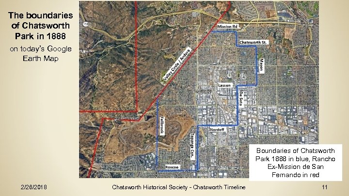 The boundaries of Chatsworth Park in 1888 on today’s Google Earth Map Boundaries of