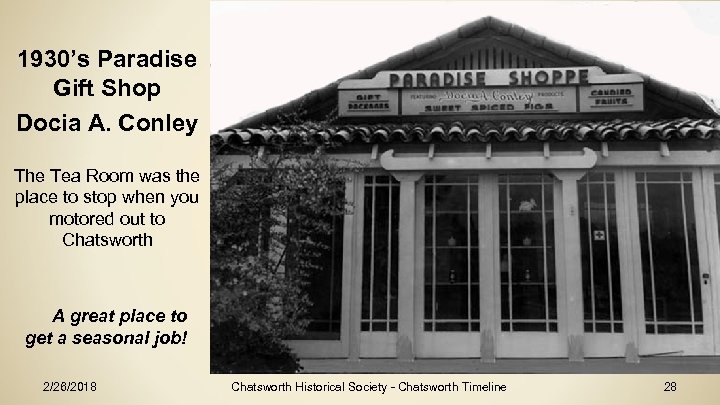 1930’s Paradise Gift Shop Docia A. Conley The Tea Room was the place to