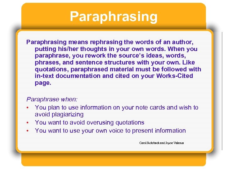 Paraphrasing means rephrasing the words of an author, putting his/her thoughts in your own