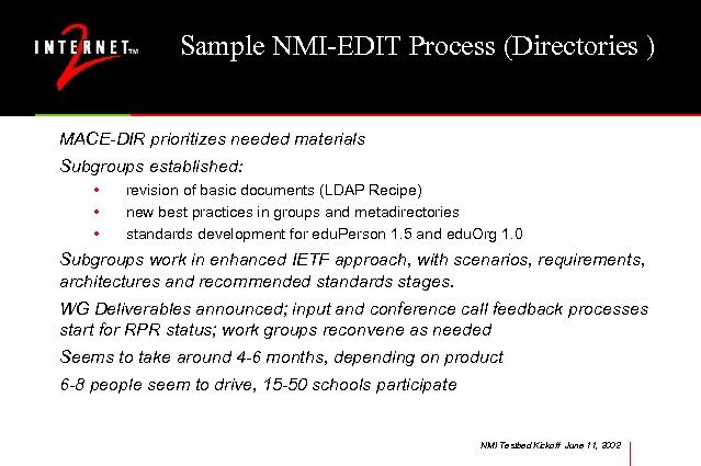 Sample NMI-EDIT Process (Directories ) MACE-DIR prioritizes needed materials Subgroups established: • • •