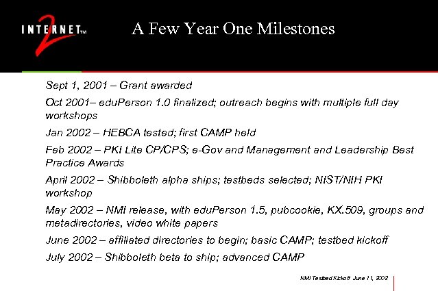 A Few Year One Milestones Sept 1, 2001 – Grant awarded Oct 2001– edu.