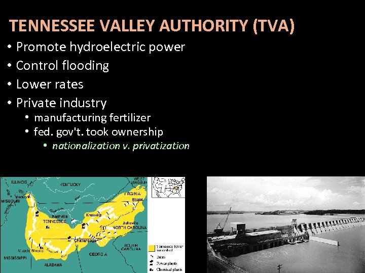 TENNESSEE VALLEY AUTHORITY (TVA) • Promote hydroelectric power • Control flooding • Lower rates