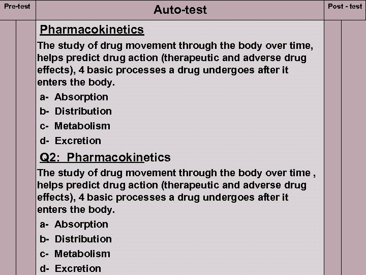 Pre-test Auto-test Pharmacokinetics The study of drug movement through the body over time, helps