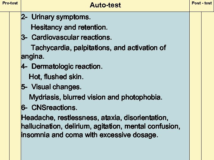 Pre-test Auto-test 2 - Urinary symptoms. Hesitancy and retention. 3 - Cardiovascular reactions. Tachycardia,