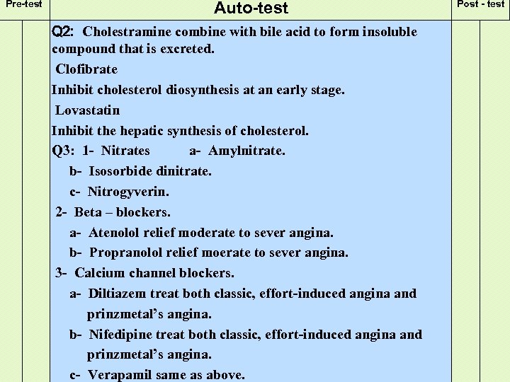 Pre-test Auto-test Q 2: Cholestramine combine with bile acid to form insoluble compound that